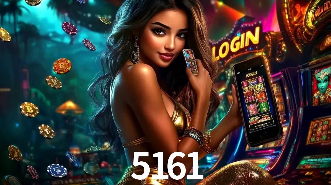 Mulher em um cenário de cassino temático de aventura, mostrando o app de caça-níqueis da 5161 no celular. Fichas de apostas flutuam ao redor.