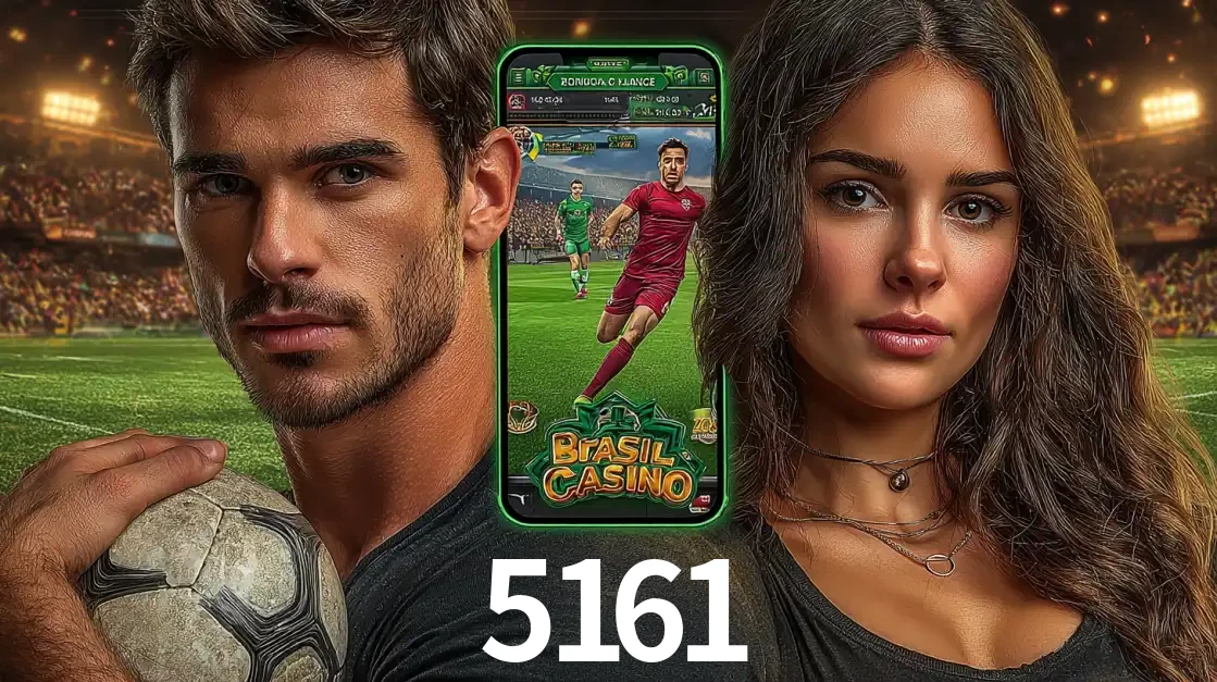 Homem segurando uma bola de futebol e uma mulher ao lado de um smartphone exibindo o jogo de apostas esportivas da 5161. Faça seu palpite no cassino online.